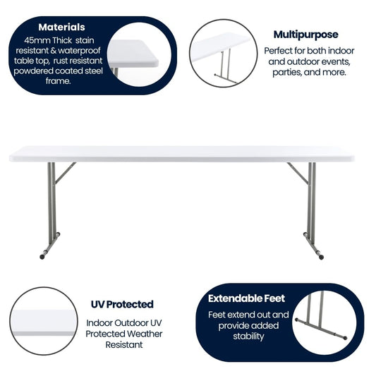 BTExpert 8-Foot 96" long White Portable Plastic Folding Table, indoor, outdoor lightweight Table