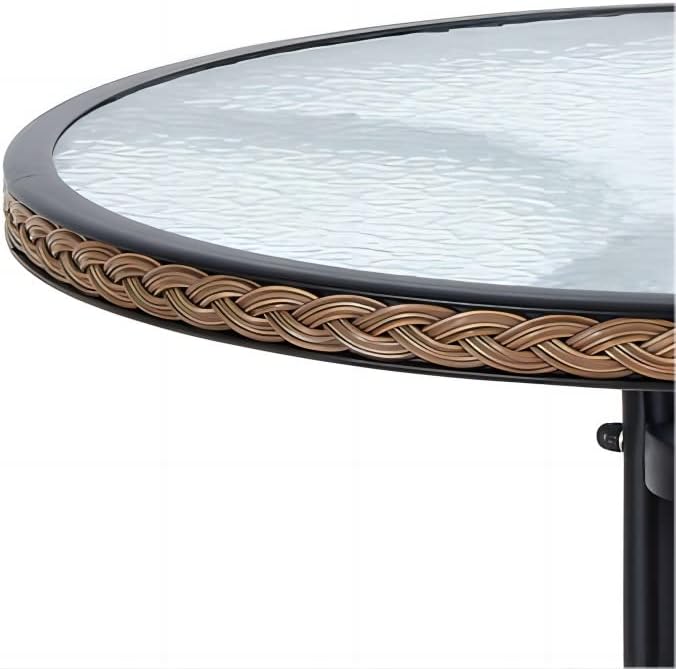 BTExpert 28" Round Glass Metal Table Brown Rattan Trim with 2 Bronze Slat Stack Chairs, Indoor Outdoor Lightweight