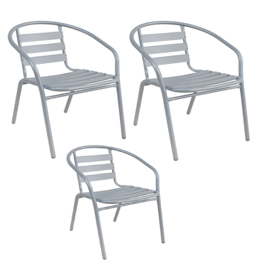 BTExpert Indoor Outdoor Set of 3 Silver Gray Restaurant Metal Aluminum Slat Stack Chairs Lightweight