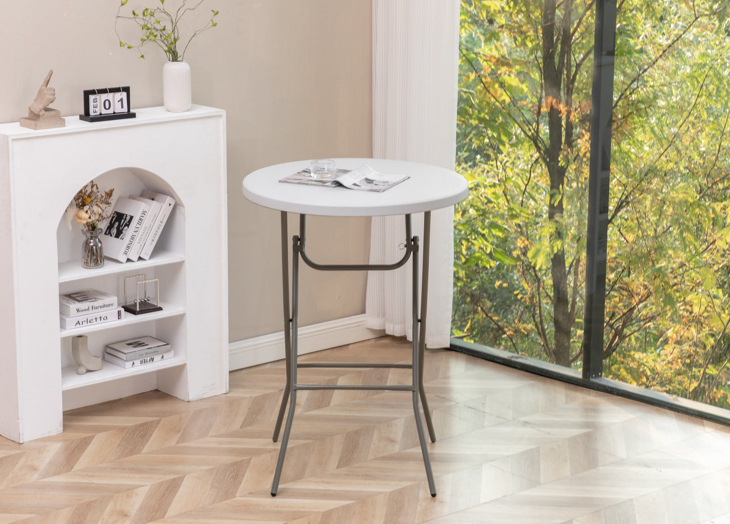 BTExpert 32" 2.6-Foot Round 43" Bar Height White Folding Table - In Store Only