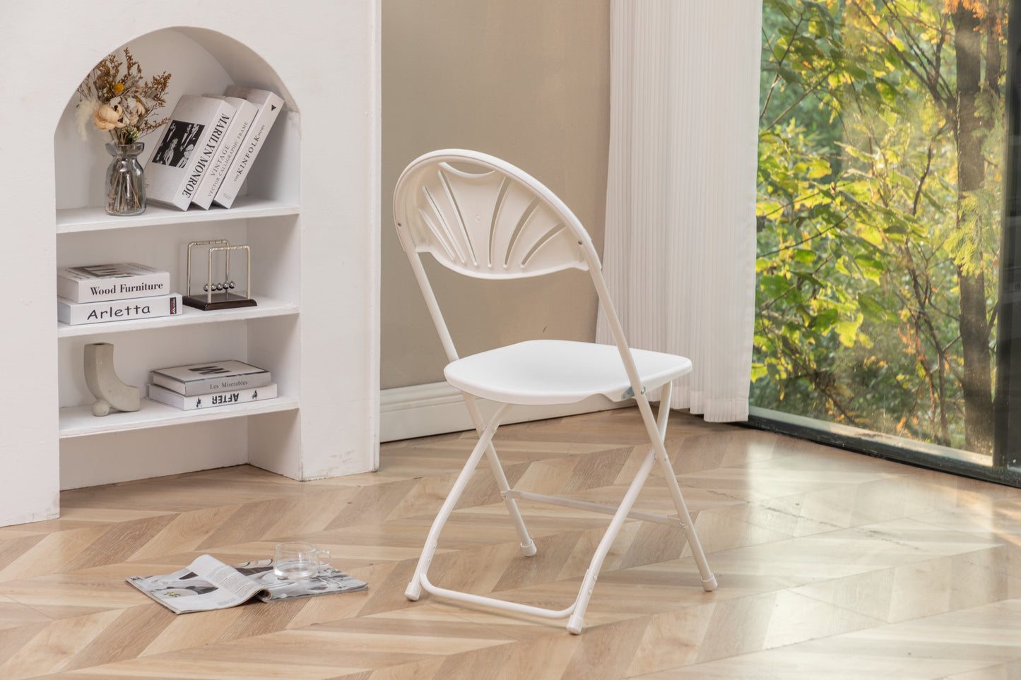 BTExpert White Plastic Folding Chair Fan Style, Steel Frame, Lightweight, High-Capacity for Events, Weddings, Parties - Set of 100