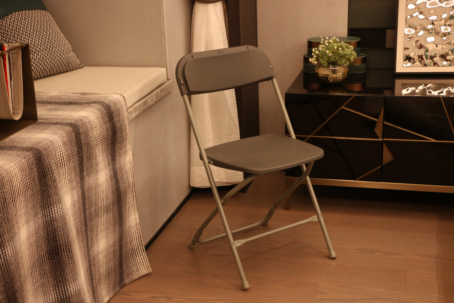 TExpert Gray Plastic Folding Chair, Steel Frame, High Capacity, Lightweight Office, Wedding, Party, Picnic, Kitchen, Dining, Church, School - Set of 4