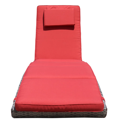 Foldable Outdoor Chaise Lounge Chair Wicker Rattan Sun Bed Patio Reclining Lounger Adjustable Backrest Pillow - Red Burgundy