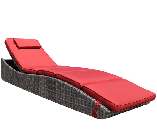 Foldable Outdoor Chaise Lounge Chair Wicker Rattan Sun Bed Patio Reclining Lounger Adjustable Backrest Pillow - Red Burgundy - Set of