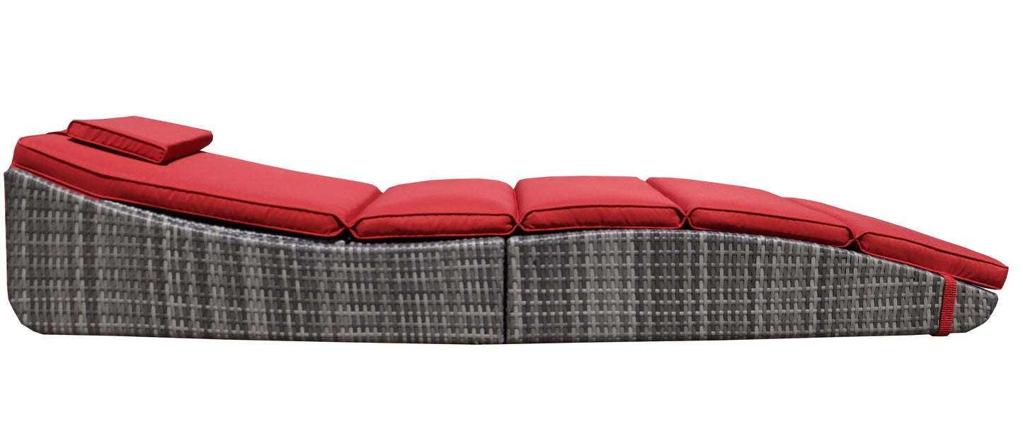 Foldable Outdoor Chaise Lounge Chair Wicker Rattan Sun Bed Patio Reclining Lounger Adjustable Backrest Pillow - Red Burgundy - Set of