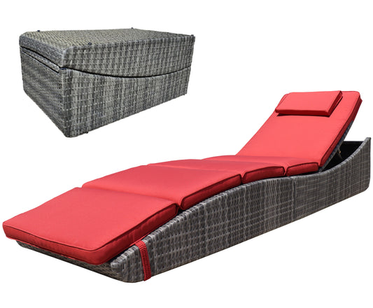 Foldable Outdoor Chaise Lounge Chair Wicker Rattan Sun Bed Patio Reclining Lounger Adjustable Backrest Pillow - Red Burgundy