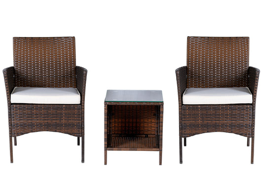 BTExpert Outdoor Wicker 3-Piece Bistro Set, Rattan Chairs with Cushions, Glass Table, Side Storage – Brown/Beige