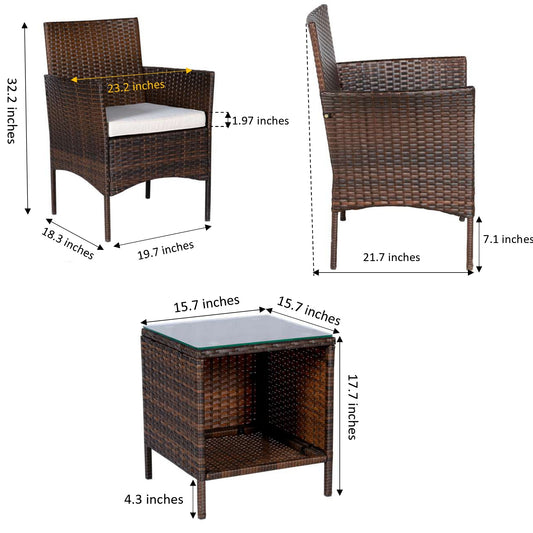 BTExpert Outdoor Wicker 3-Piece Bistro Set, Rattan Chairs with Cushions, Glass Table, Side Storage – Brown/Beige