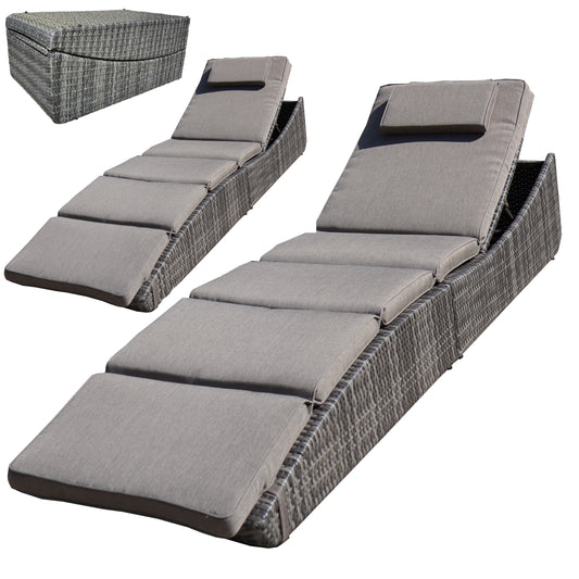 Foldable Outdoor Chaise Lounge Chair Wicker Rattan Sun Bed Patio Reclining Lounger Adjustable Backrest Pillow - Brown - Set of 2