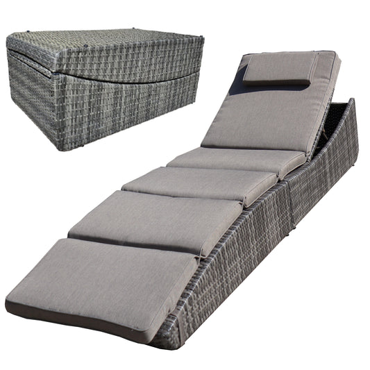 Foldable Outdoor Chaise Lounge Chair Wicker Rattan Sun Bed Patio Reclining Lounger Adjustable Backrest Pillow - Brown