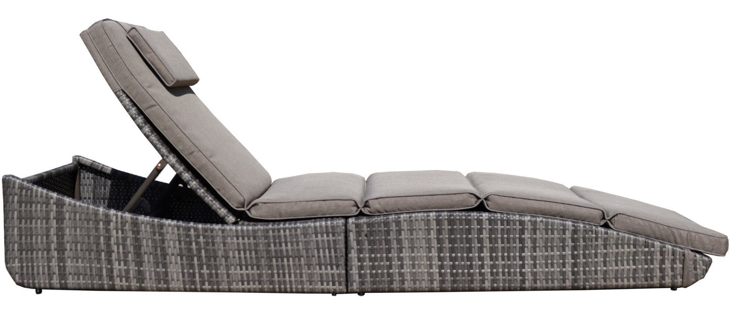 Foldable Outdoor Chaise Lounge Chair Wicker Rattan Sun Bed Patio Reclining Lounger Adjustable Backrest Pillow - Brown - Set of 2