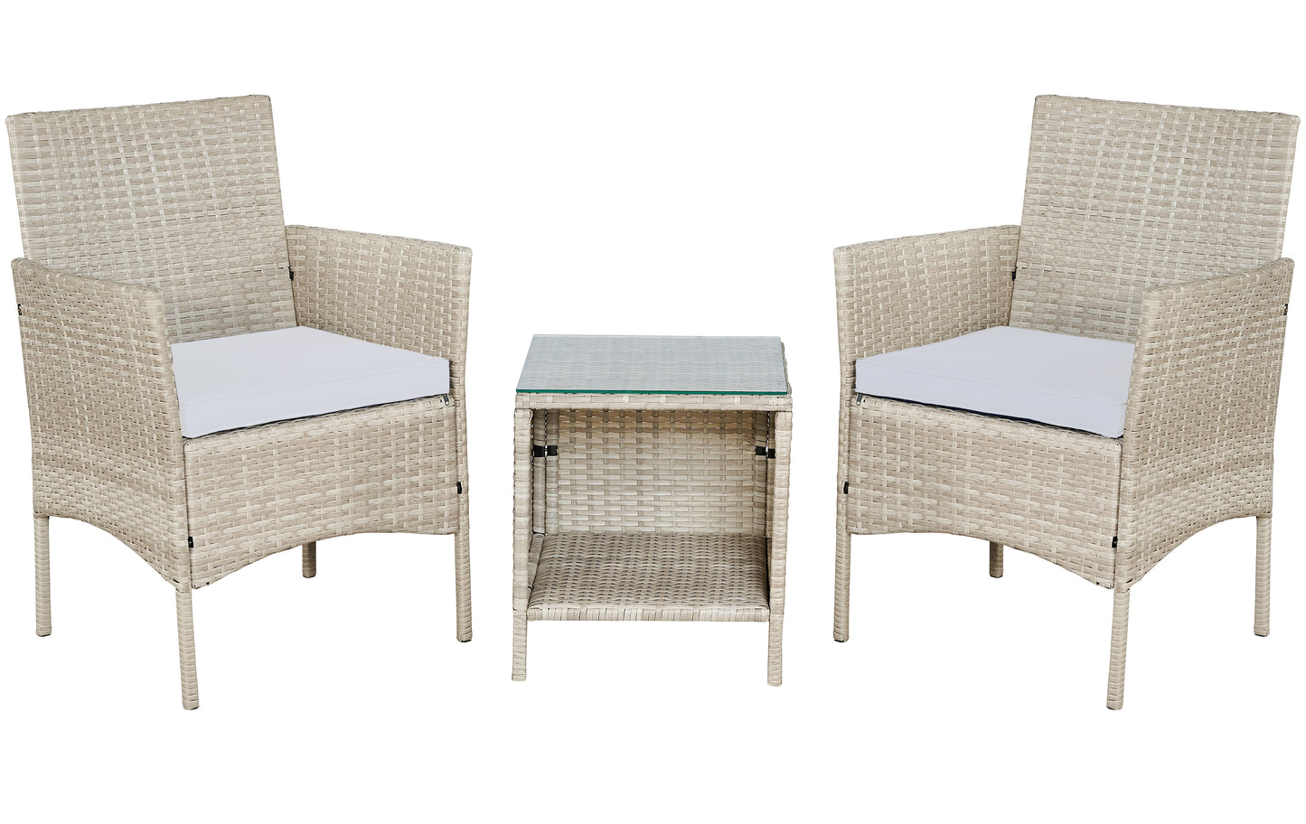 BTExpert Outdoor Wicker 3 piece Set Garden Yard Porch Furniture Space Saving Side storage Glass Table Gray Cream 3pc