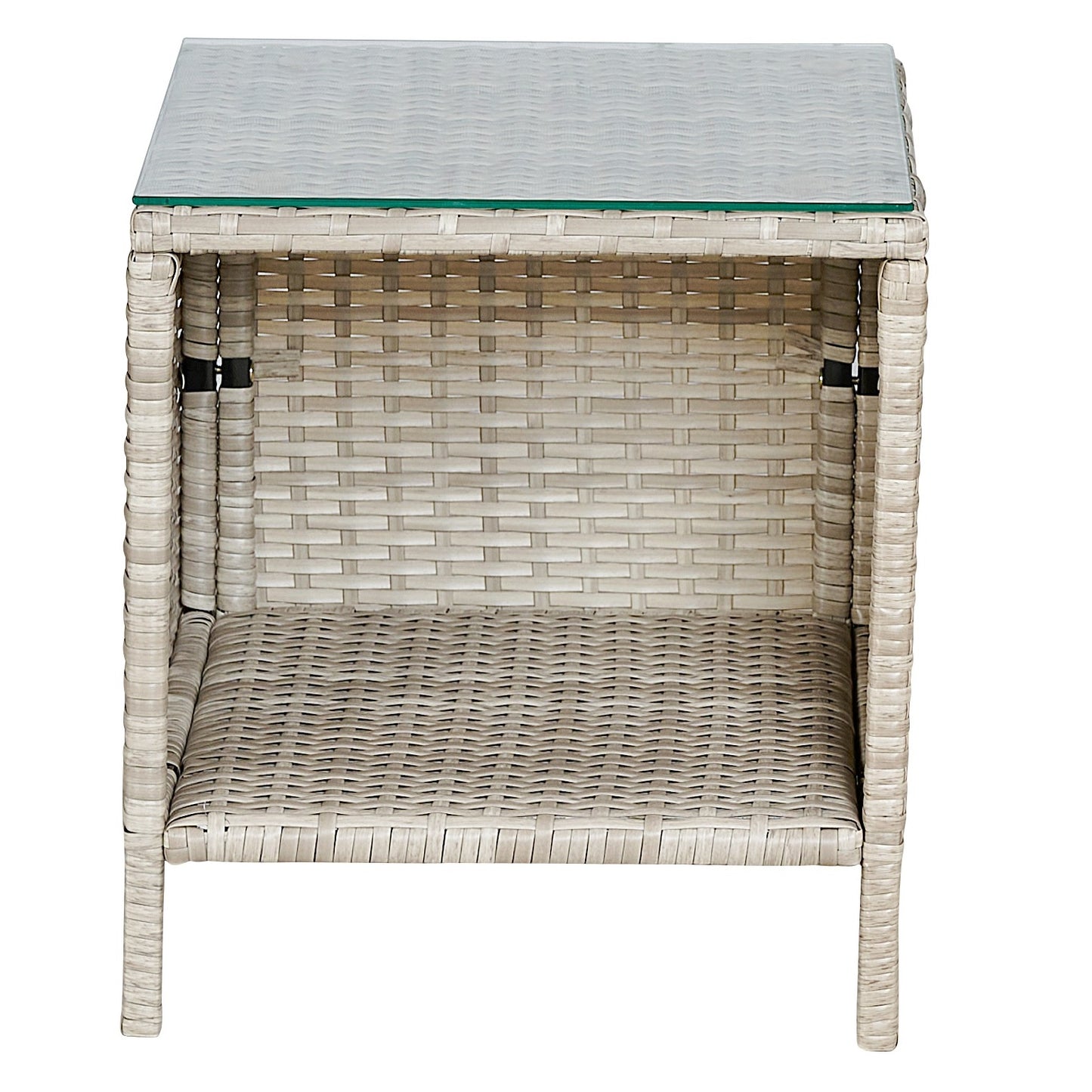 BTExpert Outdoor Wicker 3 piece Set Garden Yard Porch Furniture Space Saving Side storage Glass Table Gray Cream 3pc