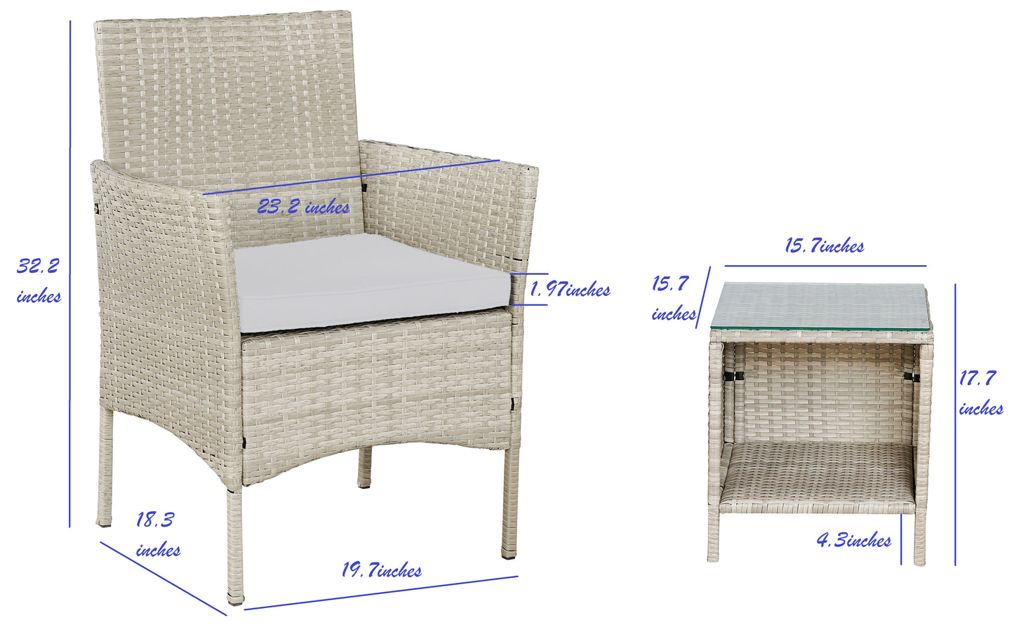 BTExpert Outdoor Wicker 3 piece Set Garden Yard Porch Furniture Space Saving Side storage Glass Table Gray Cream 3pc