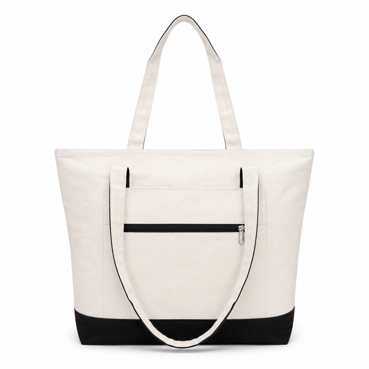 BTEXPERT 100% Cotton Natural Canvas Tote Bags 12oz Top Zipper with External Pocket, Reusable Shopping Bag for Grocery, DIY, Promotion & Events - NS5341
