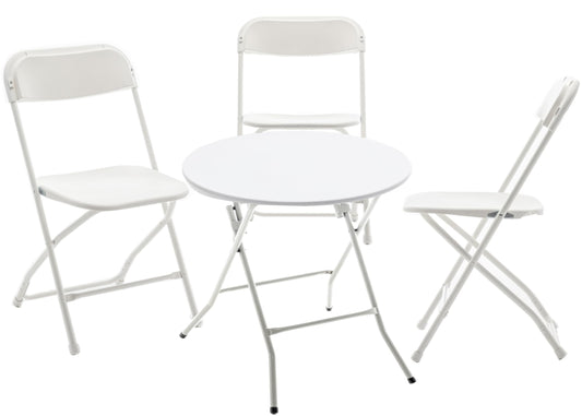 BTEXPERT Folding Card Portable, 24" Round Plastic Table 3 Adult Chairs for Board Games Nights Gatherings Party Home Indoor Outdoor Lightweight, 4 Piece Set, White & Granite White
