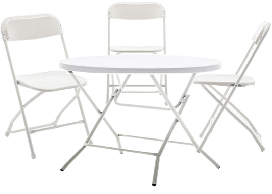 BTEXPERT Folding Card Portable, 32" Round Plastic Table 3 Adult Chairs for Board Games Nights Gatherings Party Home Indoor Outdoor Lightweight, 4 Piece Set, White & Granite White