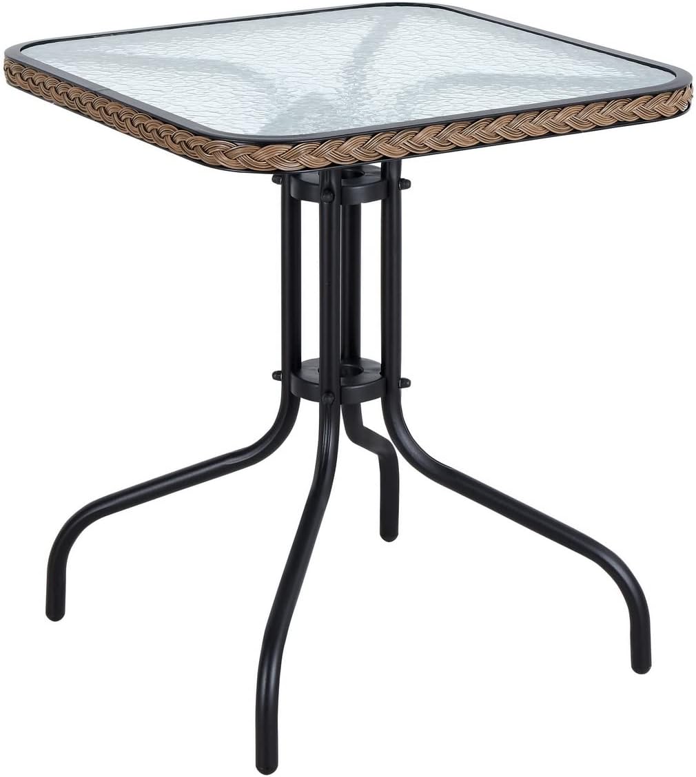 BTExpert Indoor Outdoor 28" Square Tempered Glass Metal Table Brown Rattan Trim + 3 Bronze Restaurant Metal