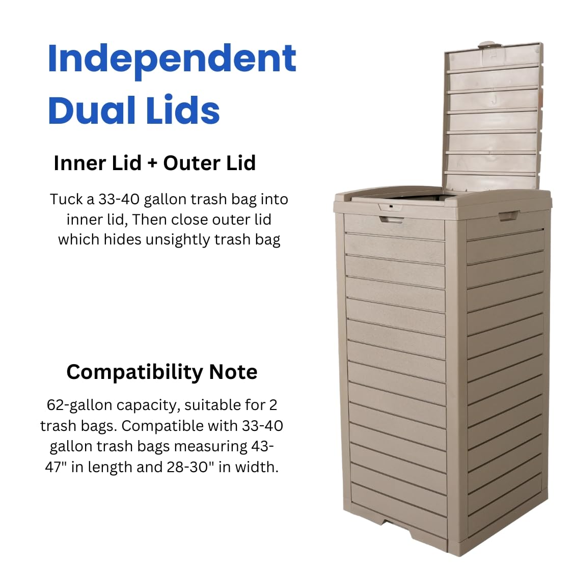 BTExpert 31-Gallon Waterproof Outdoor Trash Can – Resin Bin w/ Double Lid, Drip Tray, Hidden Design for Patio - Set of 5