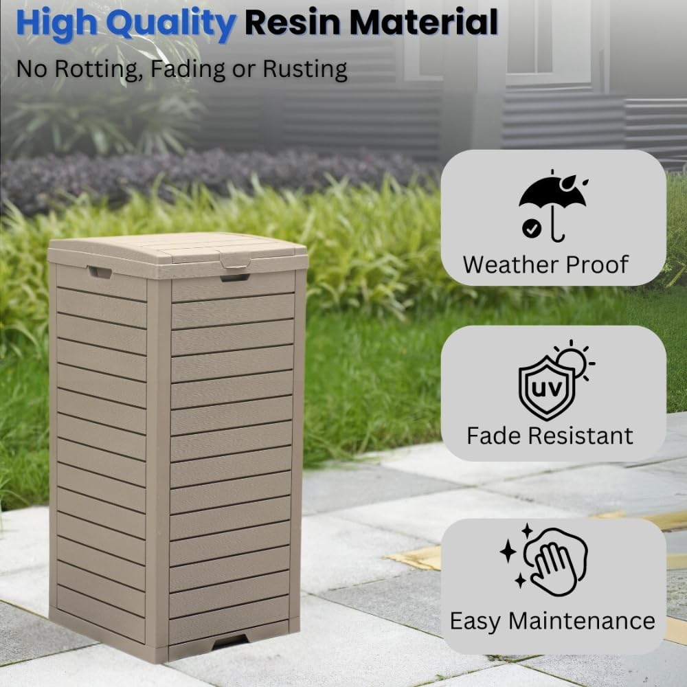 BTExpert 31-Gallon Outdoor Trash Can – Waterproof Resin, Double Lid, Drip Tray, Hidden Bin for Patio, Kitchen, Backyard, Deck, Gray