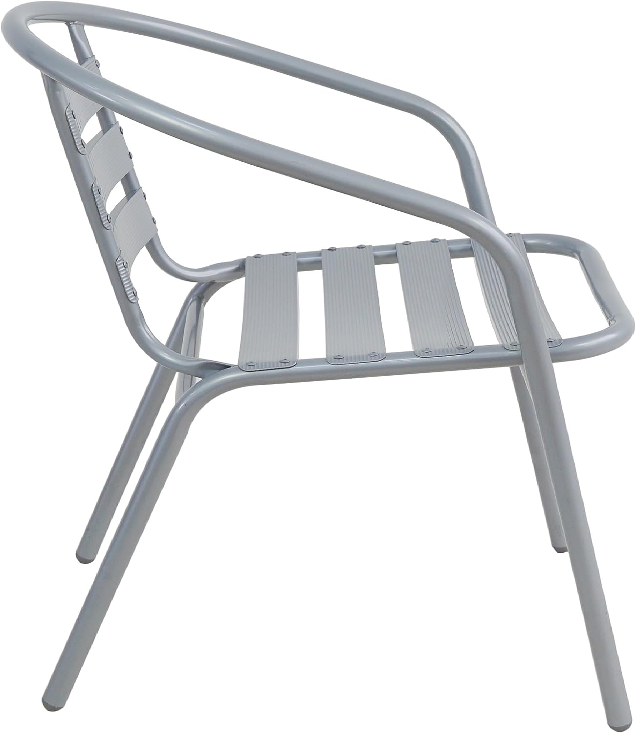 BTExpert 23.75" Round Glass Metal Table Black with 2 Silver Gray Slat Stack Chairs, Indoor Outdoor Lightweight