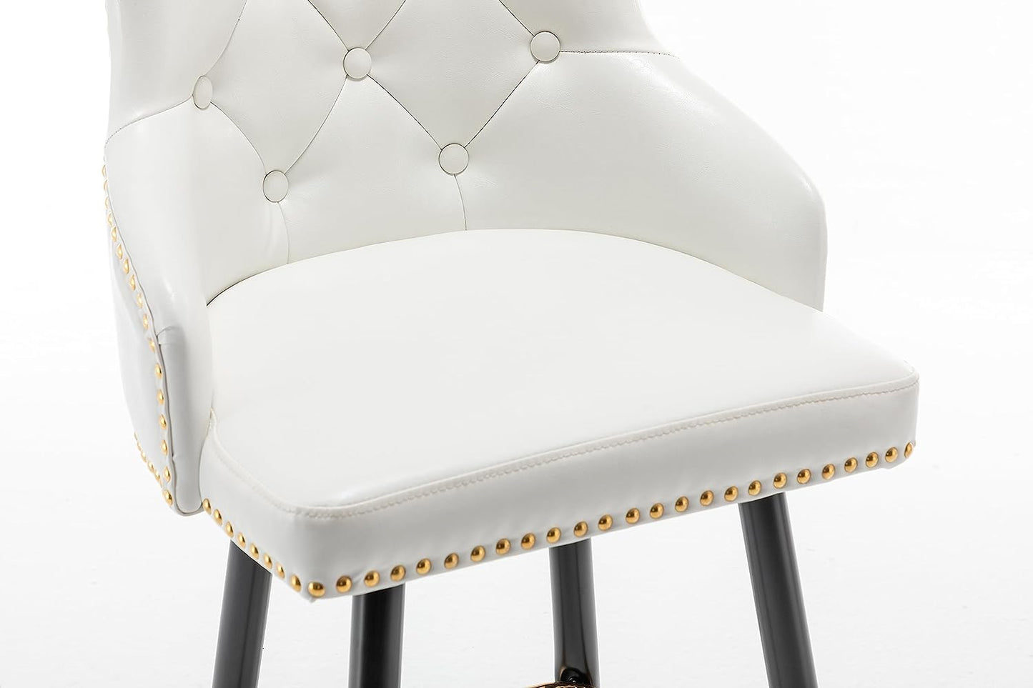 BTEXPERT Set of 2 Premium Upholstered 33" High Back Bar Stools, White PU Leather with Gold Nail Head Trim