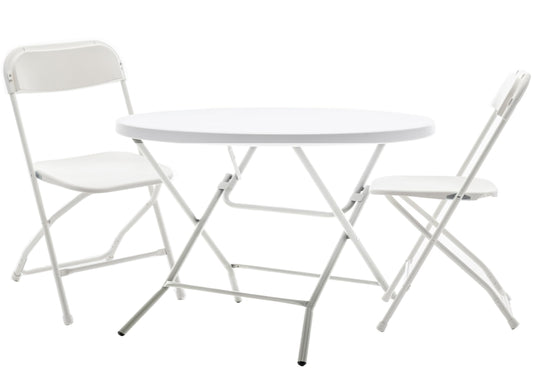 BTEXPERT Folding Card Portable, 32" Round Plastic Table 2 Adult Chairs for Board Games Nights Gatherings Party Home Indoor Outdoor Lightweight, 3 Piece Set, White & Granite White