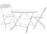 BTEXPERT Folding Card Portable, 32" Round Plastic Table 2 Adult Chairs for Board Games Nights Gatherings Party Home Indoor Outdoor Lightweight, 3 Piece Set, White & Granite White