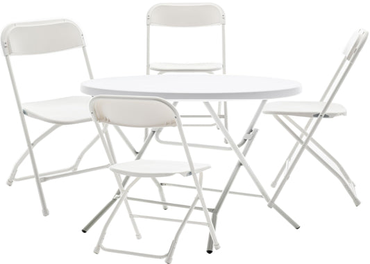 BTEXPERT Folding Card Portable, 32" Round Plastic Table 4 Adult Chairs for Board Games Nights Gatherings Party Home Indoor Outdoor Lightweight, 5 Piece Set, White & Granite White