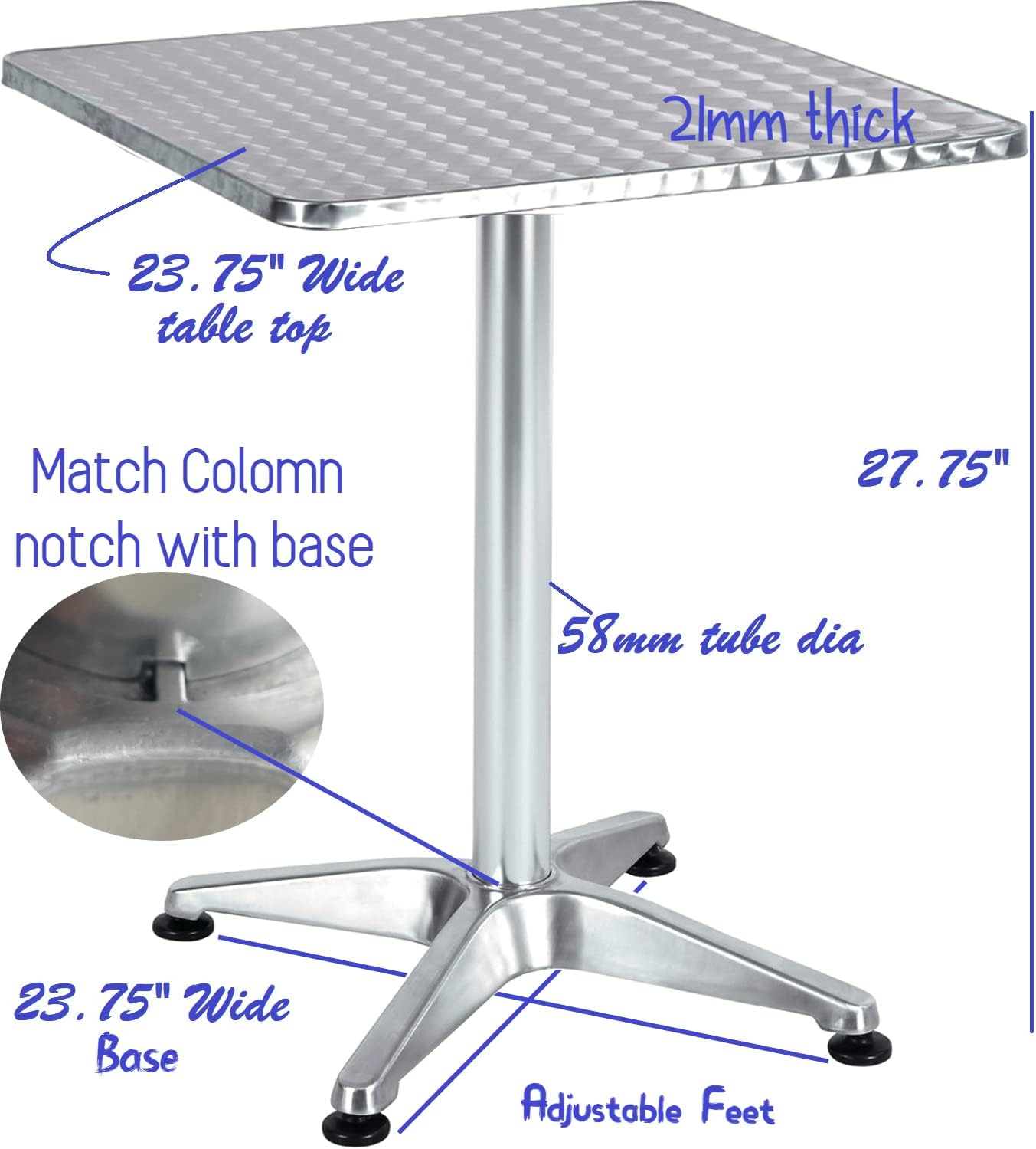 BTExpert 27.5" Square Table Stainless Steel Silver Aluminum + 2 silver Stack Chairs