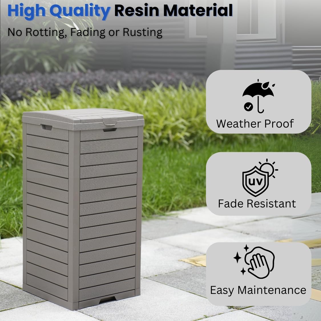BTExpert 31-Gallon Waterproof Outdoor Trash Can – Resin Bin w/ Double Lid, Drip Tray, Hidden Design for Patio - Set of 5