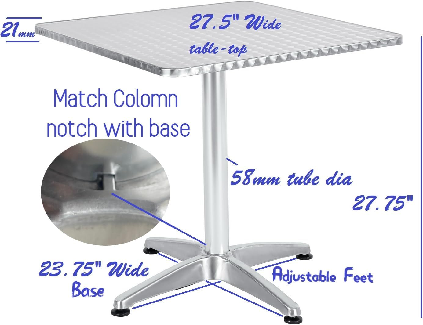 BTExpert Indoor Outdoor 27.5" Square Restaurant Table Stainless Steel Silver Aluminum + 3 Bronze Metal Slat Stack Chairs