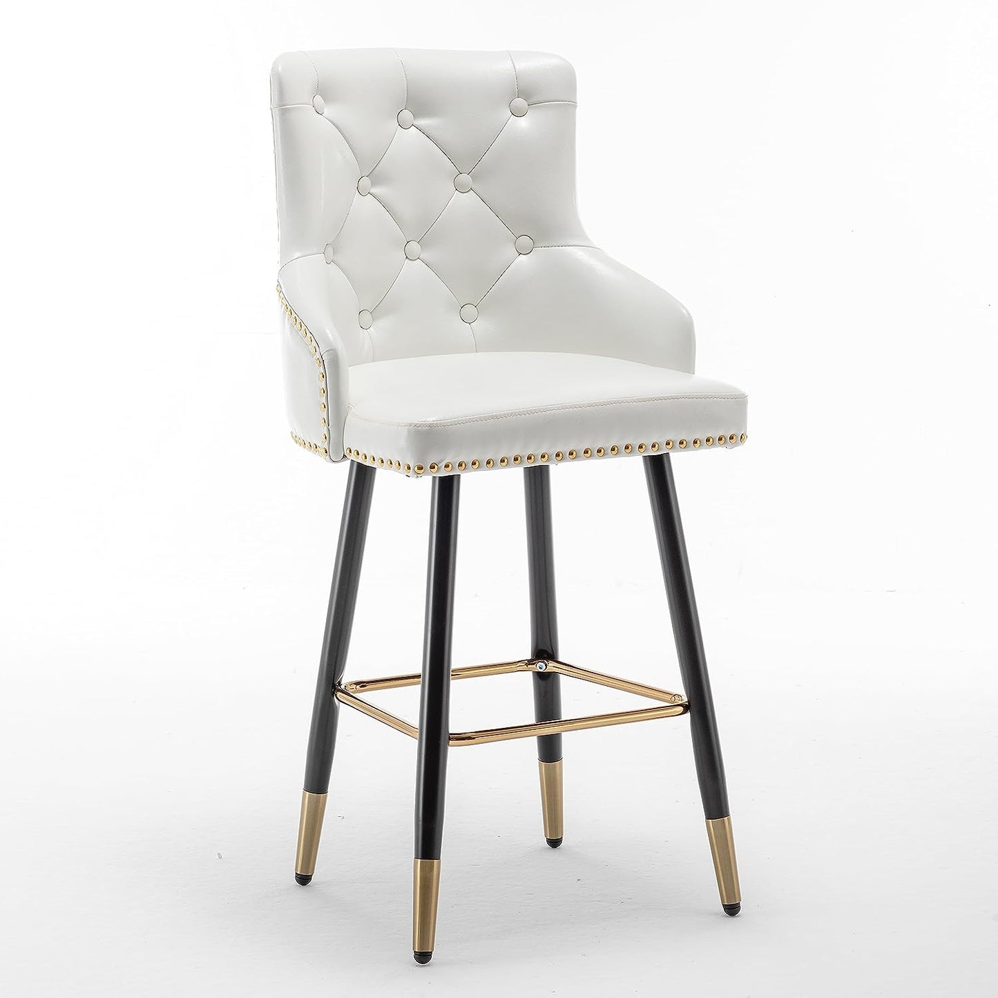 BTEXPERT Set of 2 Premium Upholstered 33" High Back Bar Stools, White PU Leather with Gold Nail Head Trim
