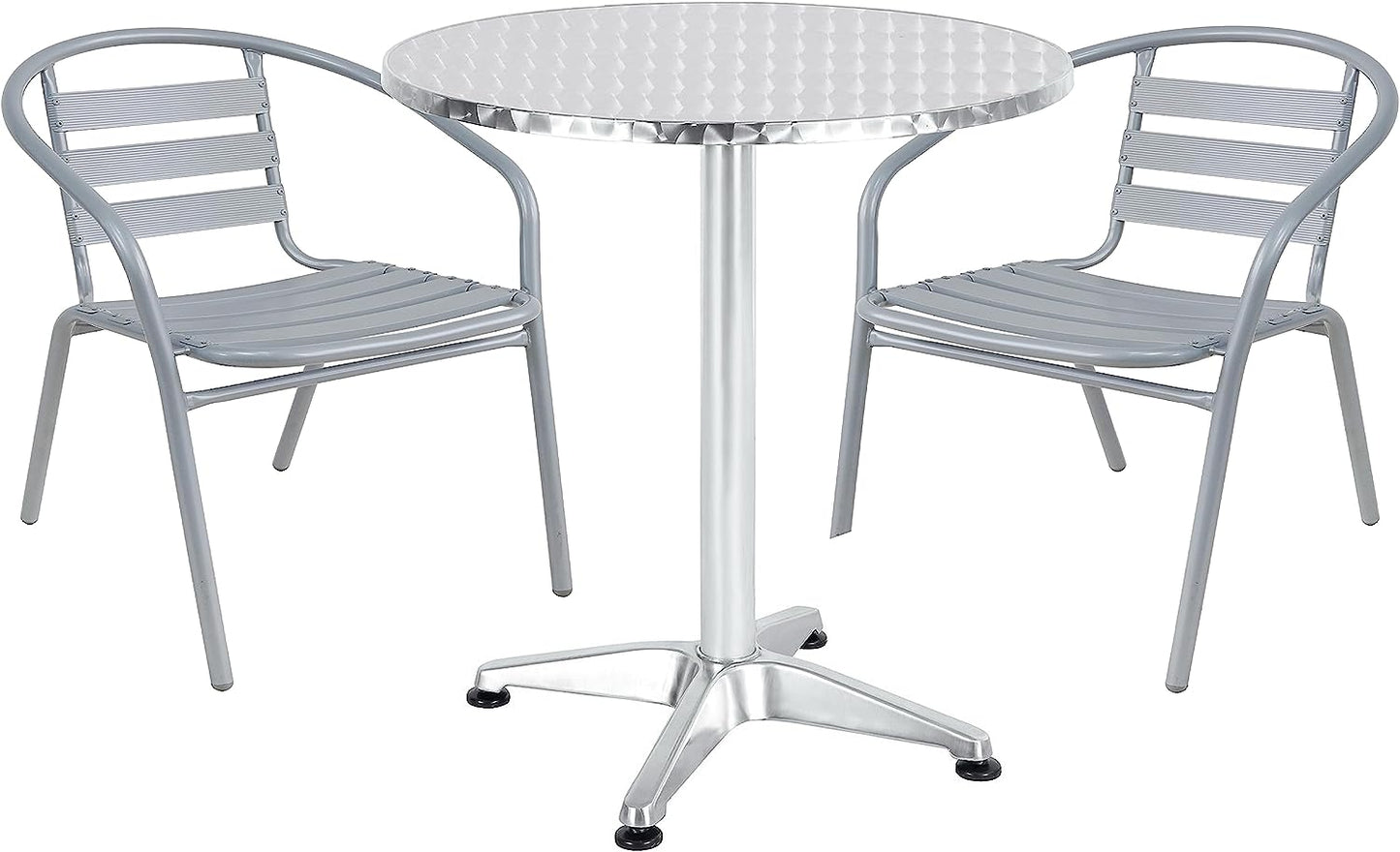 BTExpert 27.5" Round Stainless Steel Table + 2 Silver Gray Slat Chairs, Indoor Outdoor Commercial Lightweight