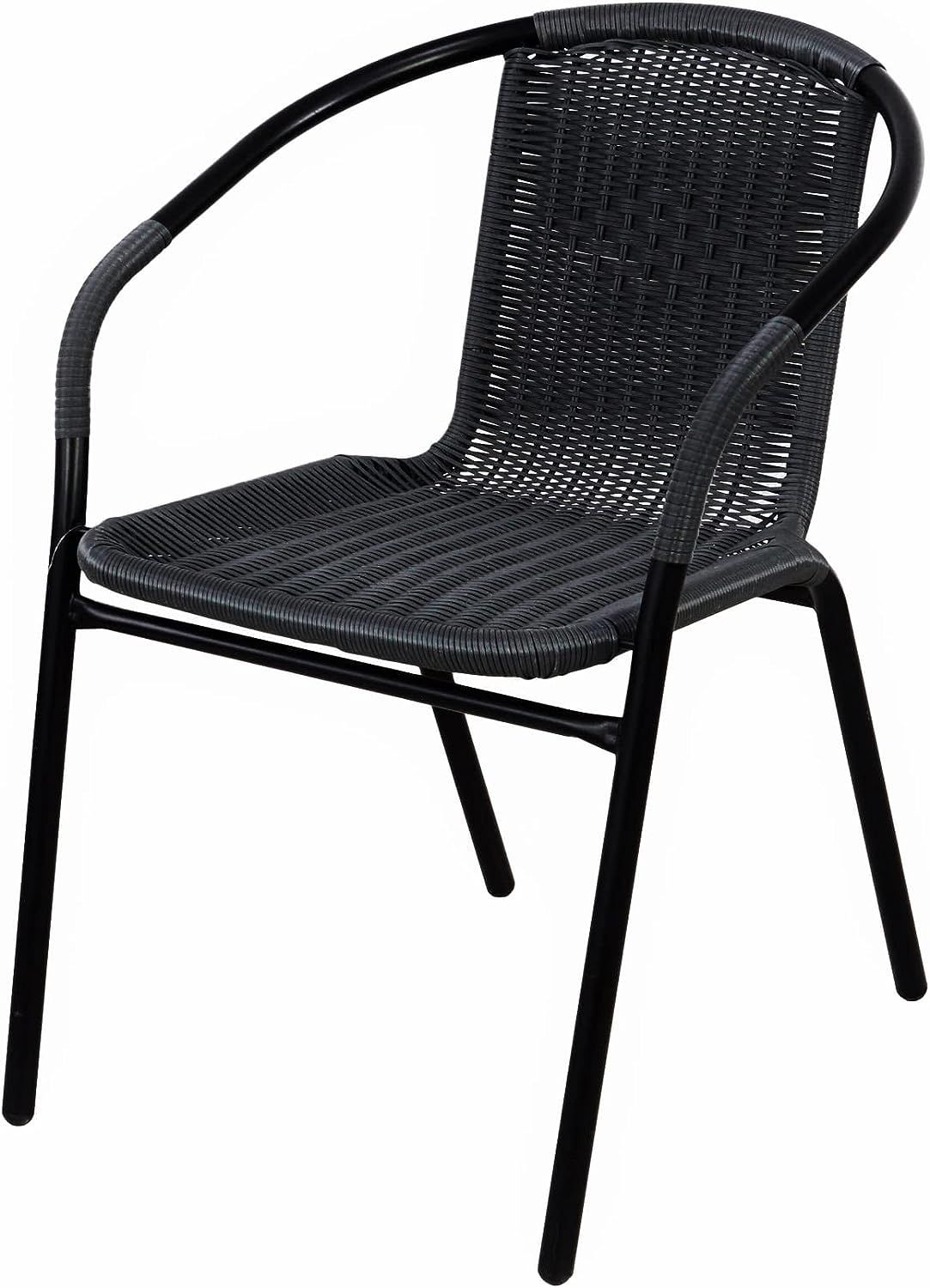 BTExpert 27.5" Round Restaurant Table Stainless Steel with 3 Black Rattan Stack Chairs, Indoor Outdoor Commercial Lightweight
