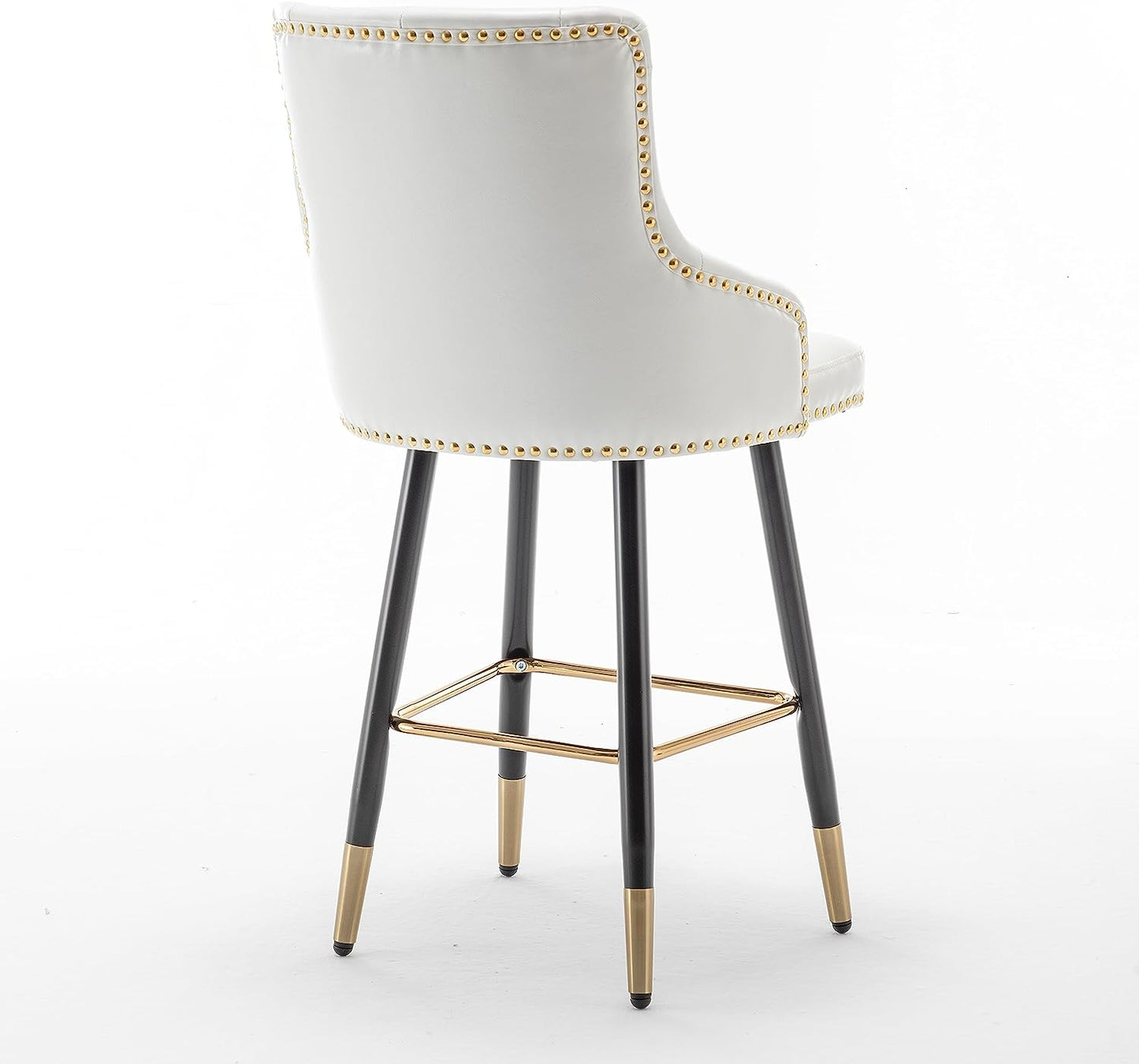 BTEXPERT Set of 2 Premium Upholstered 33" High Back Bar Stools, White PU Leather with Gold Nail Head Trim