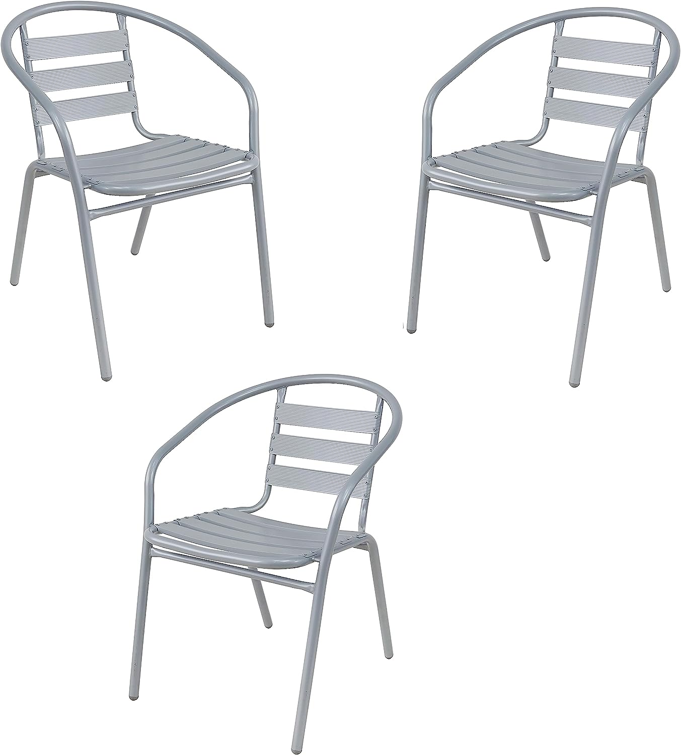 BTExpert 23.75" Square Glass Metal Table Black with 3 Silver Gray Slat Stack Chairs, Indoor Outdoor Lightweight