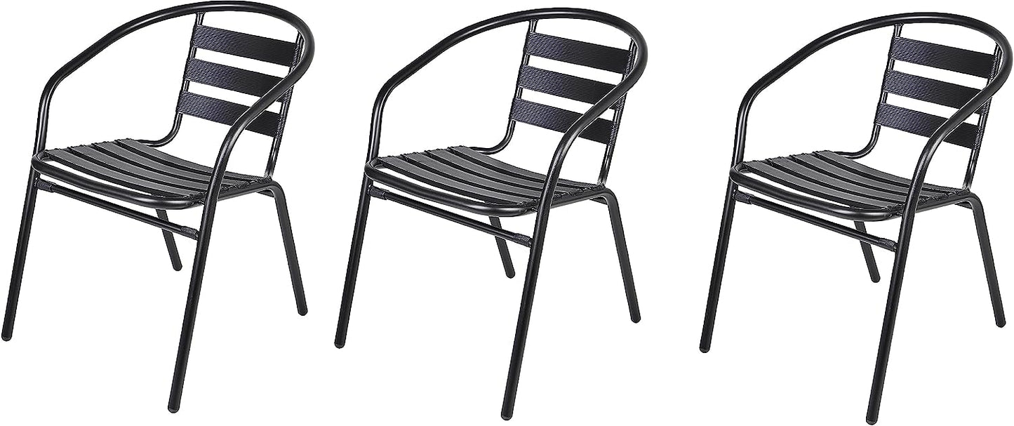 BTExpert 27.5" Round Stainless Steel Table + 3 Black Slat Chairs, Indoor Outdoor Commercial Lightweight