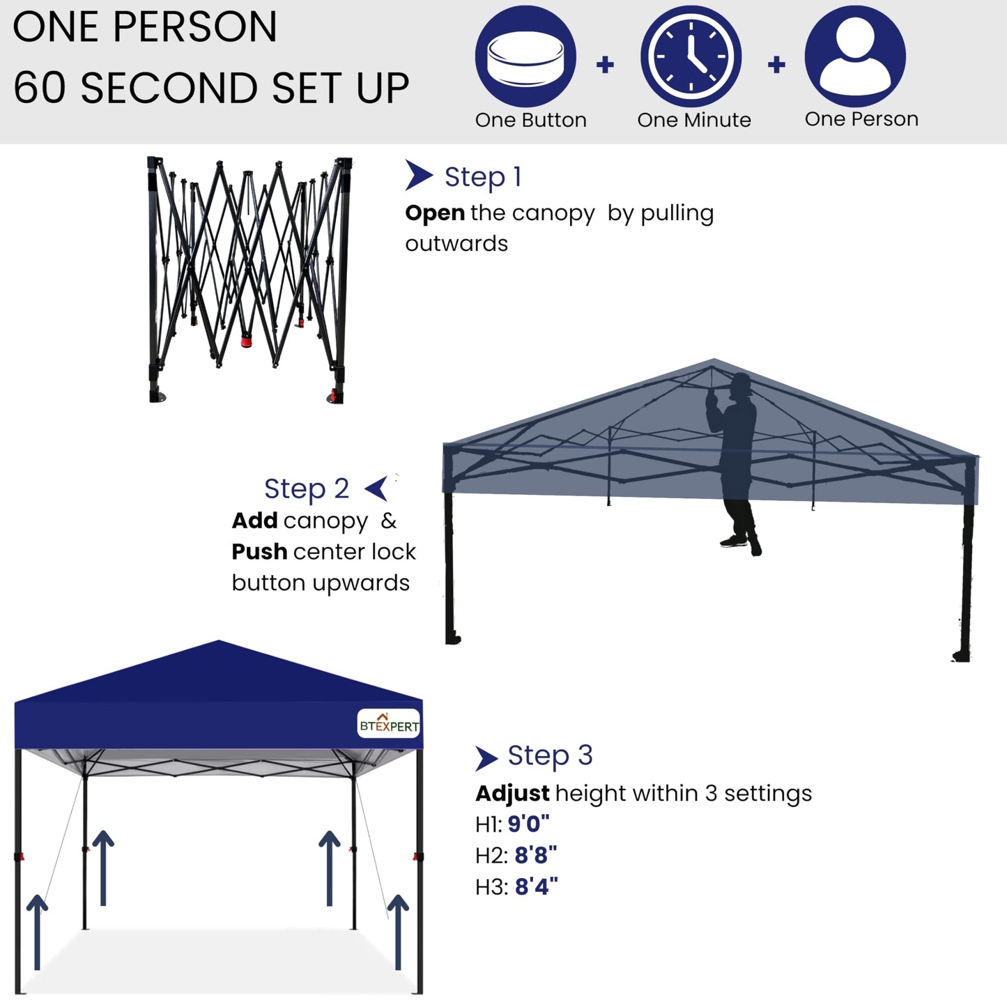 BTExpert - 10x10ft Portable Folding Shelter Outdoor Adjustable Height for Garden BBQ Picnic Camping