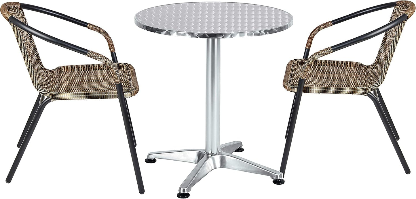 BTExpert 27.5" Round Restaurant Table Stainless Steel with 2 Brown Rattan Stack Chairs, Indoor Outdoor Commercial Lightweight