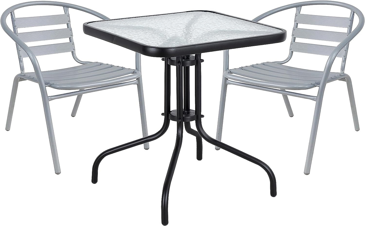 BTExpert 23.75" Square Glass Metal Table Black with 2 Silver Gray Slat Stack Chairs, Indoor Outdoor Lightweight