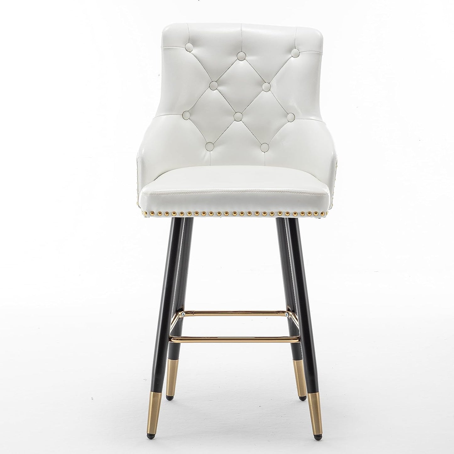 BTEXPERT Set of 2 Premium Upholstered 33" High Back Bar Stools, White PU Leather with Gold Nail Head Trim