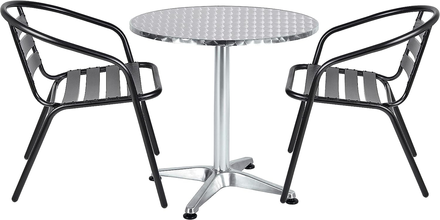 BTExpert 27.5" Round Stainless Steel Table + 2 Black Slat Chairs, Indoor Outdoor Commercial Lightweight