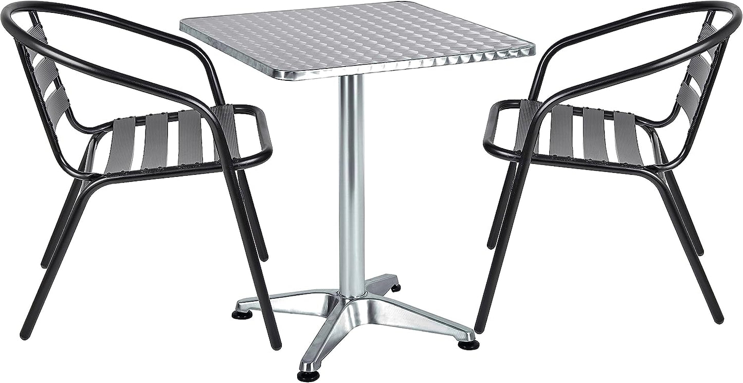 BTExpert 27.5" Square Stainless Steel Table + 2 Black Slat Chairs, Indoor Outdoor Commercial Lightweight