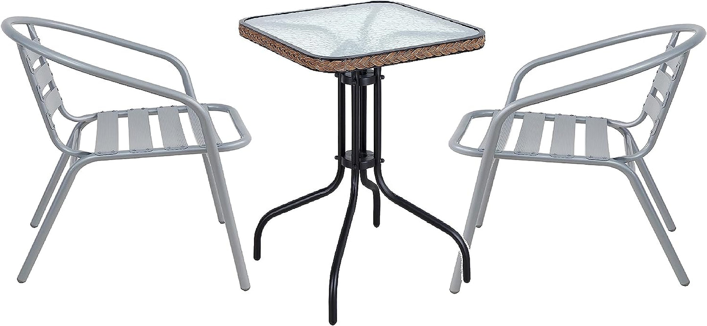 BTExpert 28" Square Glass Metal Table Brown Rattan Trim with 2 Silver Gray Slat Stack Chairs, Indoor Outdoor Lightweight