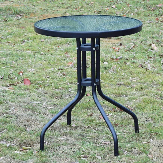 BTExpert 23.75" Round Glass Metal Table Black with 4 Silver Gray Slat Stack Chairs, Indoor Outdoor Commercial