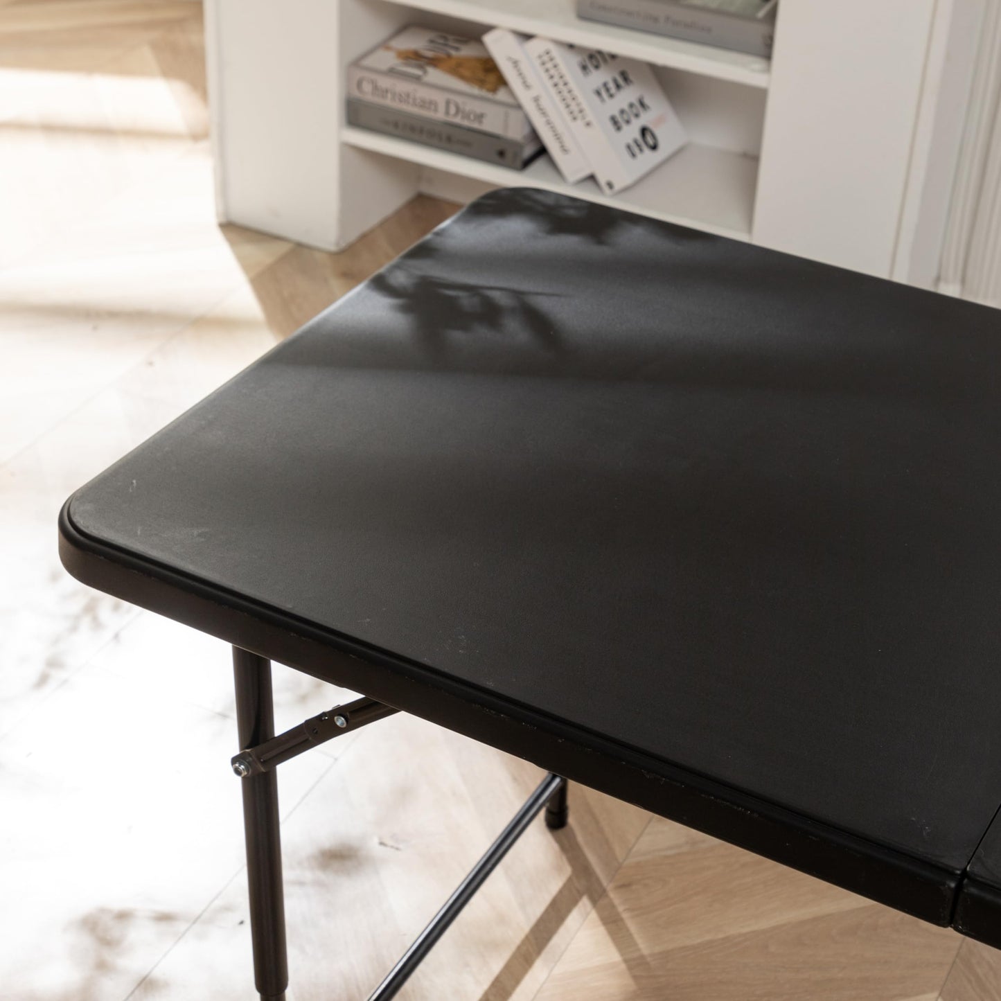 BTExpert Fold-in-Half Folding Utility Table 4Feet Lightweight Height Adjustable Portable Carrying Handle Indoor Outdoor Picnic Camping Office Home Party Easy to Clean Store Care Black Set of 5