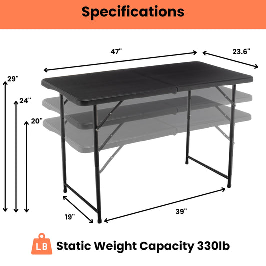 BTExpert Fold-in-Half Folding Utility Table 4Feet Lightweight Height Adjustable Portable Carrying Handle Indoor Outdoor Picnic Camping Office Home Party Easy to Clean Store Care Black Set of 5