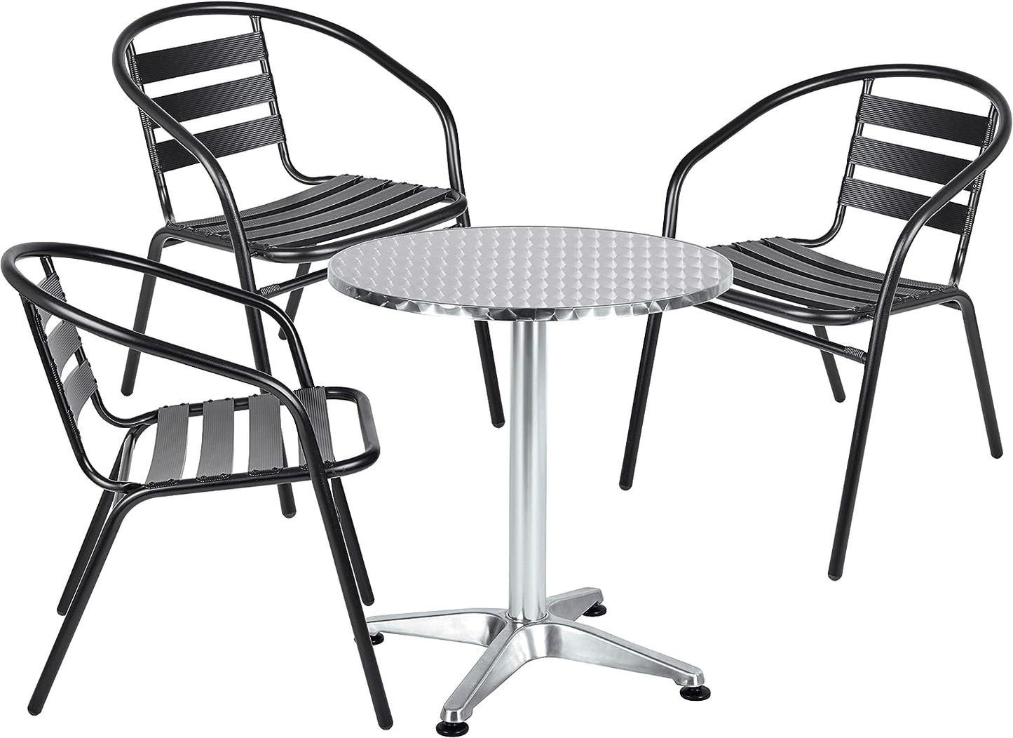BTExpert 27.5" Round Stainless Steel Table + 3 Black Slat Chairs, Indoor Outdoor Commercial Lightweight