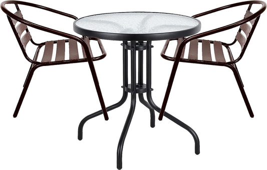 BTExpert Indoor Outdoor 23.75" Round Tempered Glass Metal Table Black + 2 Bronze Restaurant Metal Aluminum Slat Stack Chairs Lightweight